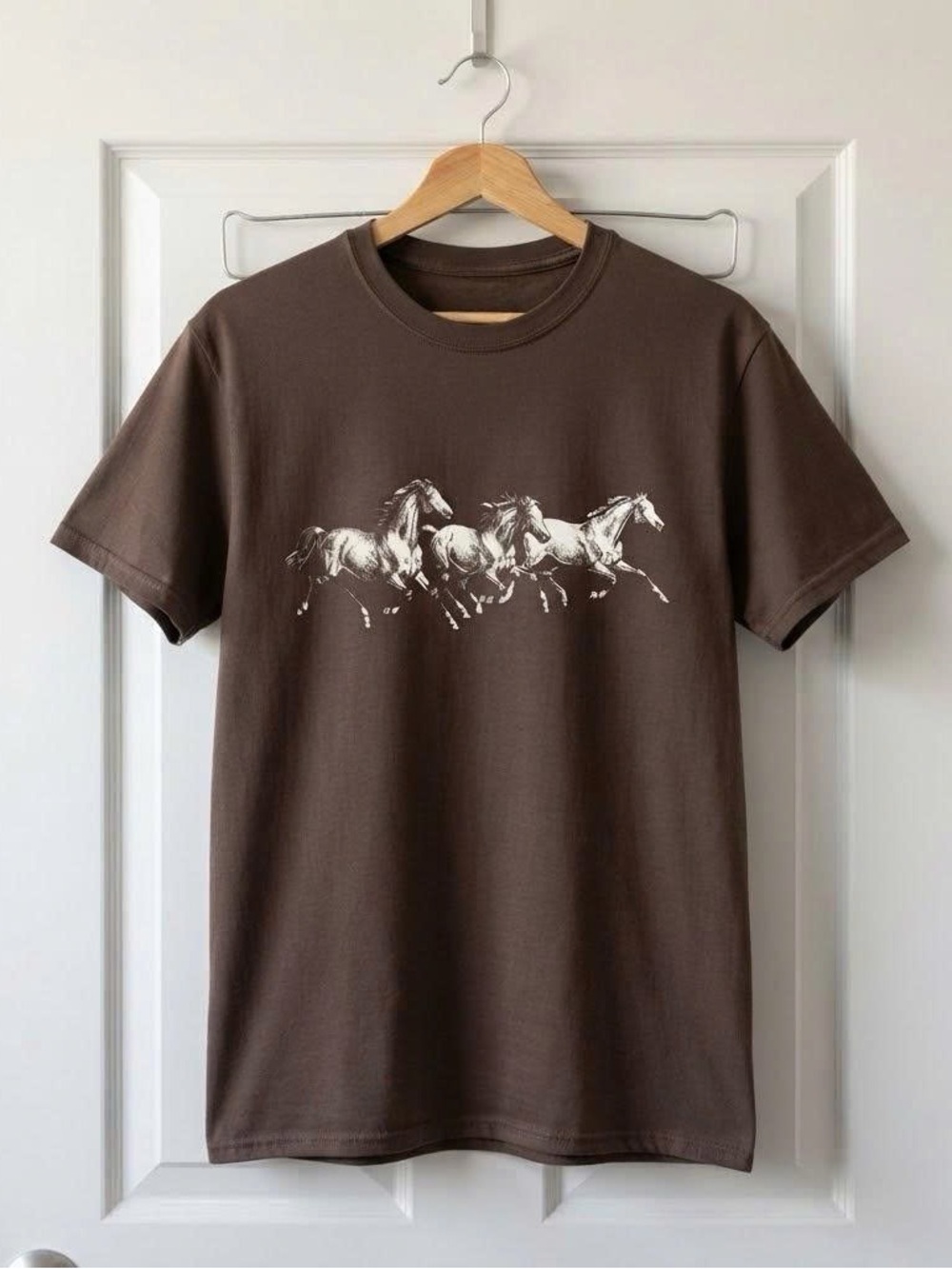 Vintage Brown Tee with White Galloping Horses Graphic